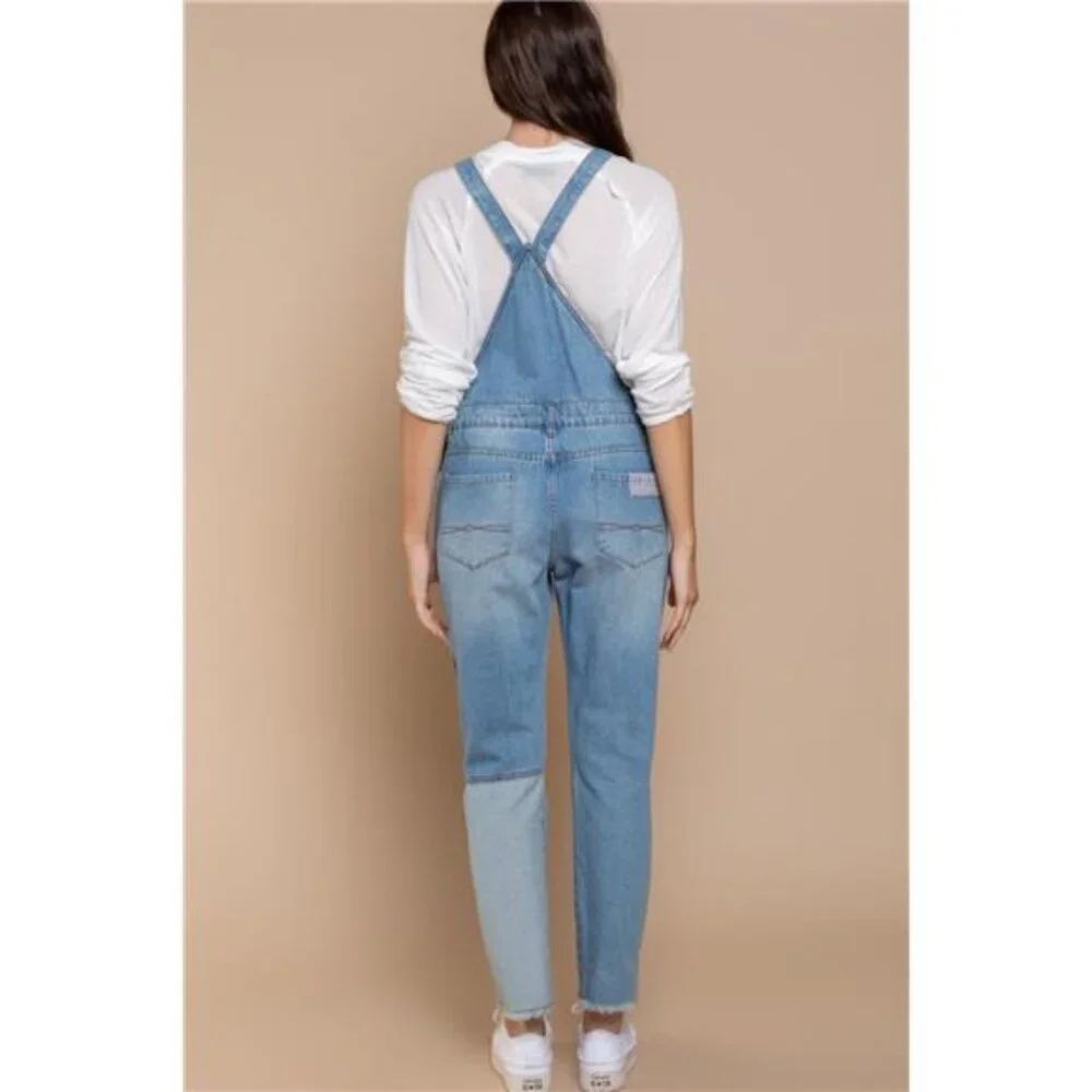 * NWT * POL Slim Leg Denim Overalls, Patchwork Look, Raw Hem, 100% Cotton - Picture 3 of 4